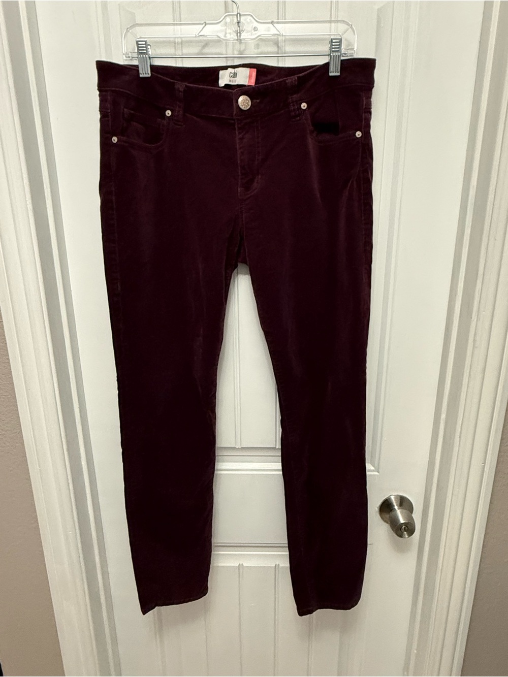 Cabi Womens Corduroy Skinny Jeans Size 14 Burgundy Low Rise 5 Pockets (47-12)